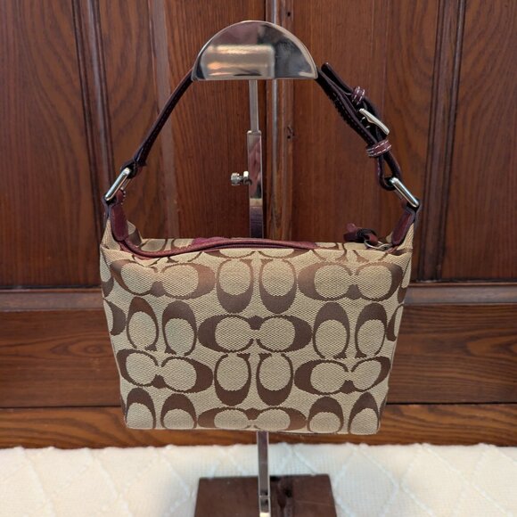 Coach Mini Handbag Brown Canvas Purple Suede Signature C Purse - Picture 3 of 10